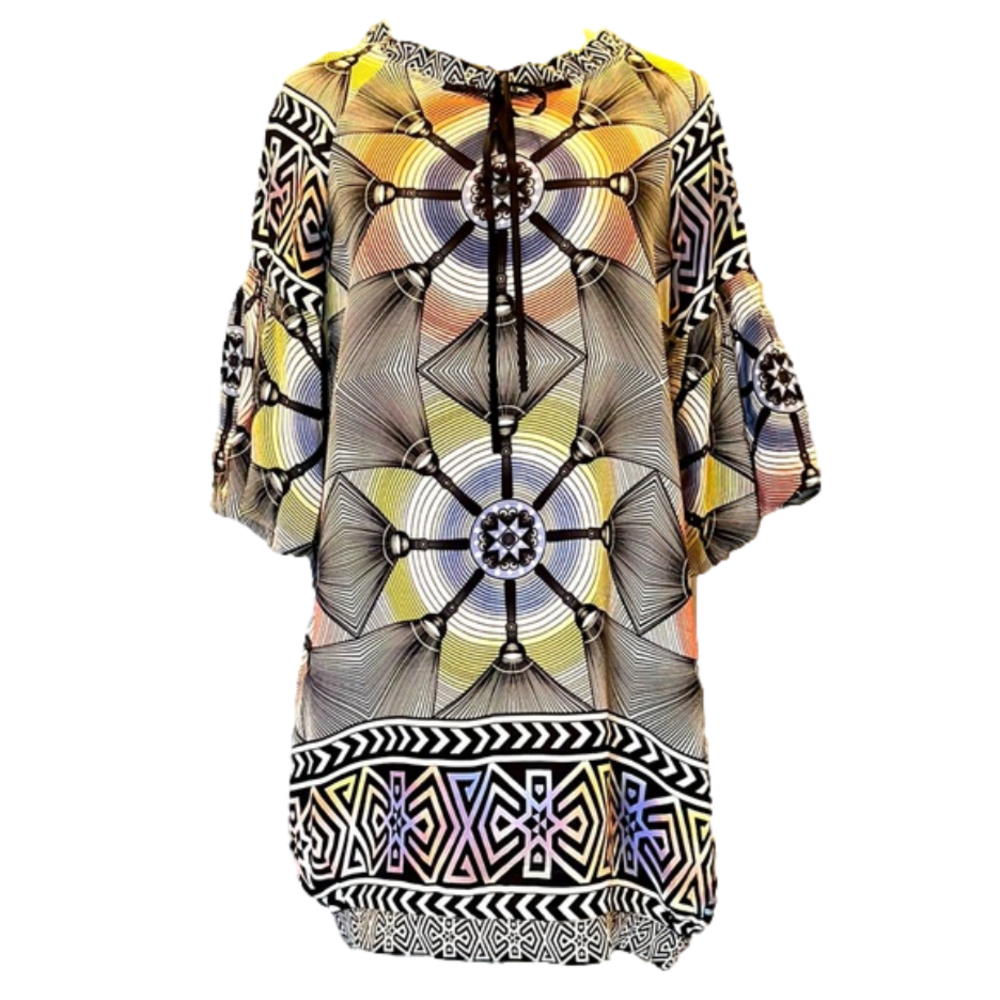 Silk Bishop Puff Sleeve Kaleidoscope Geometric Print Shift Dress Size Small